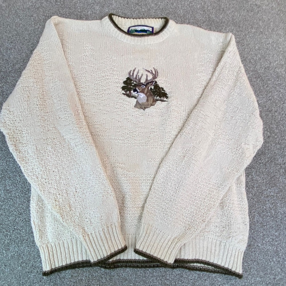 Shenandoah Embroidered Deer Forest Sweater Cream Knit Long Sleeve Size L USA